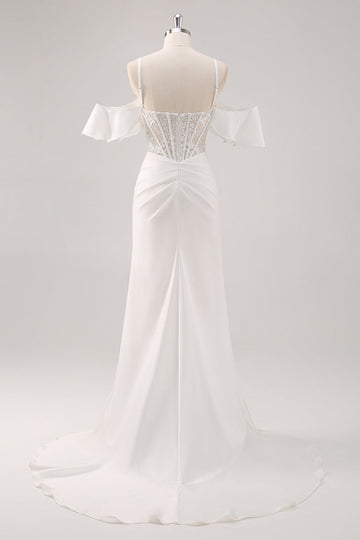 Hvid havfrue kold skulder korset applikeret lang gallakjole med slids